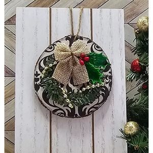 Classic BW Burlap Bow Holly Gold Accents Wooden Disk Ornament/Gift Tag, 3 inch